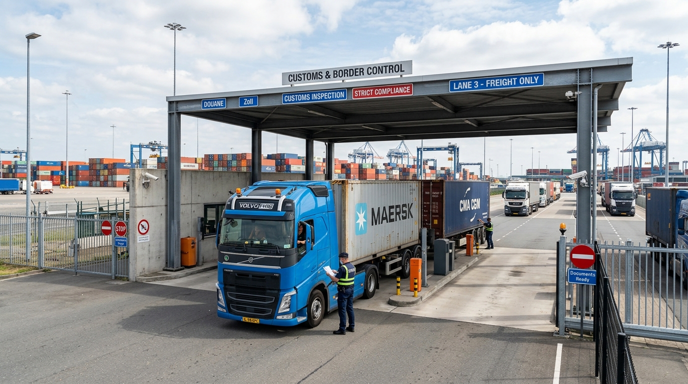 Truck at customs checkpoint with shipping containers
