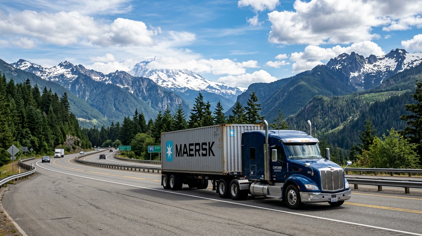 Semi truck hauling shipping container on highway with mountains