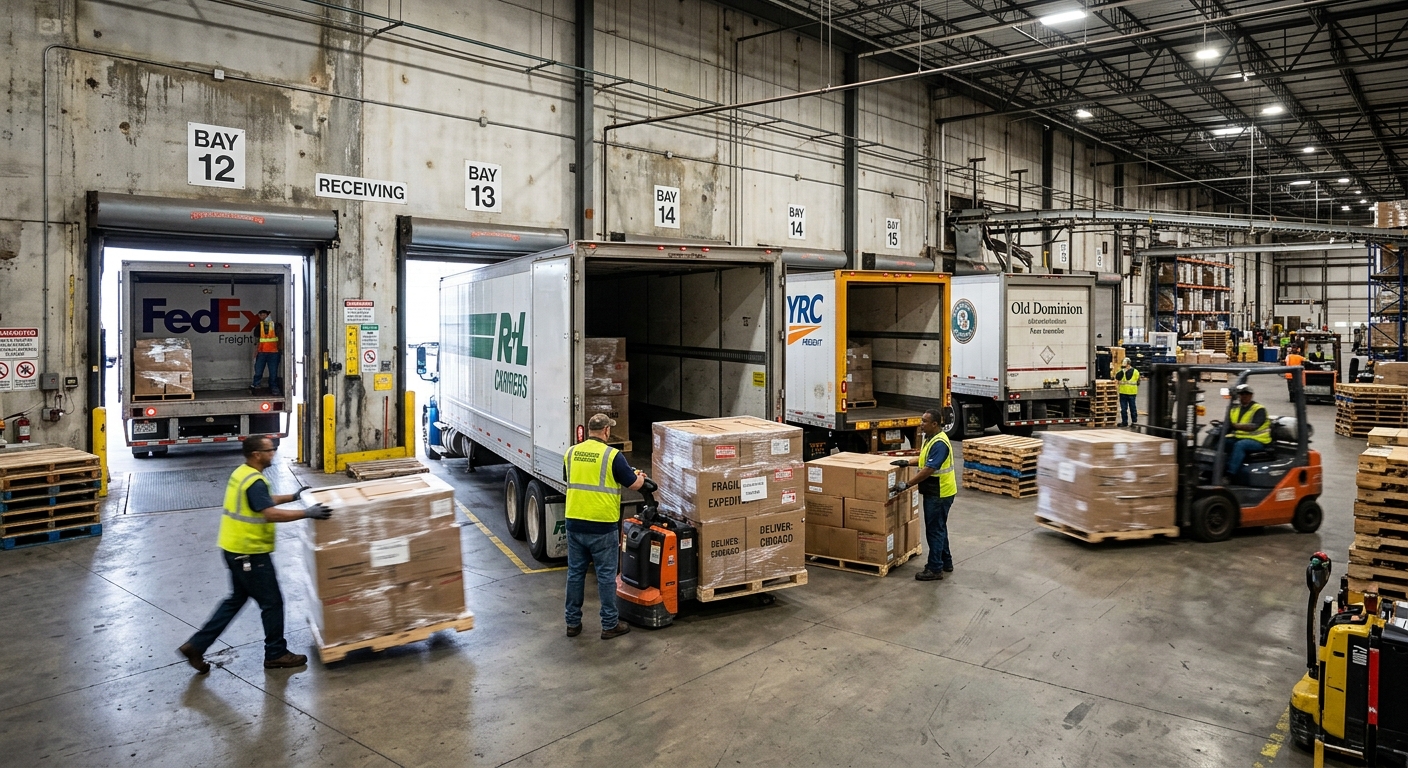 Workers loading and unloading trucks at cross-dock facility