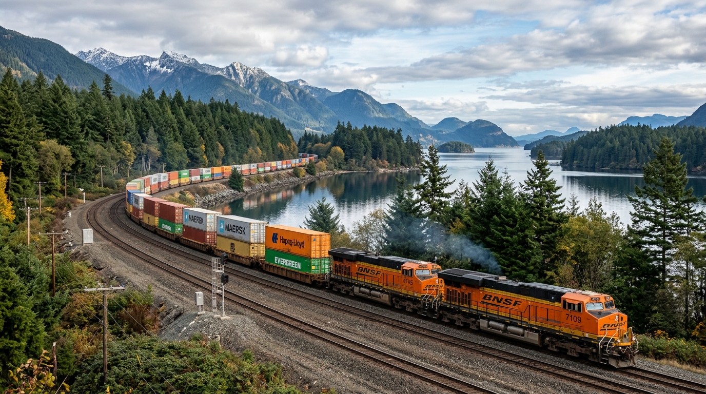 Intermodal freight train carrying shipping containers