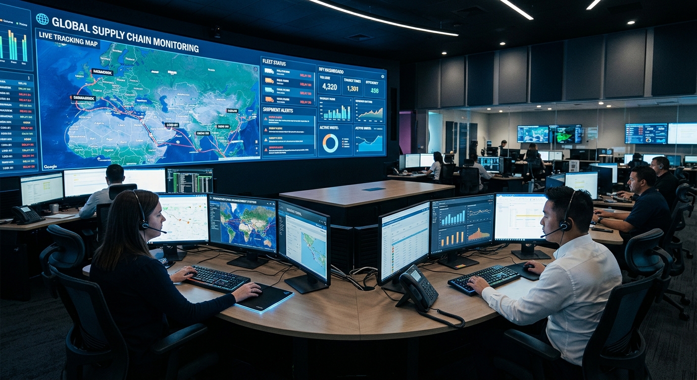 Logistics control room with supply chain tracking monitors