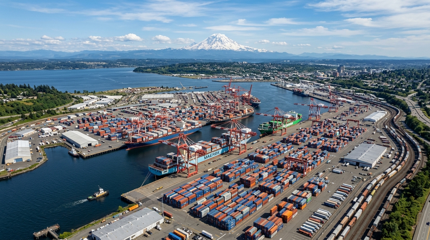 Port of Tacoma with Mount Rainier