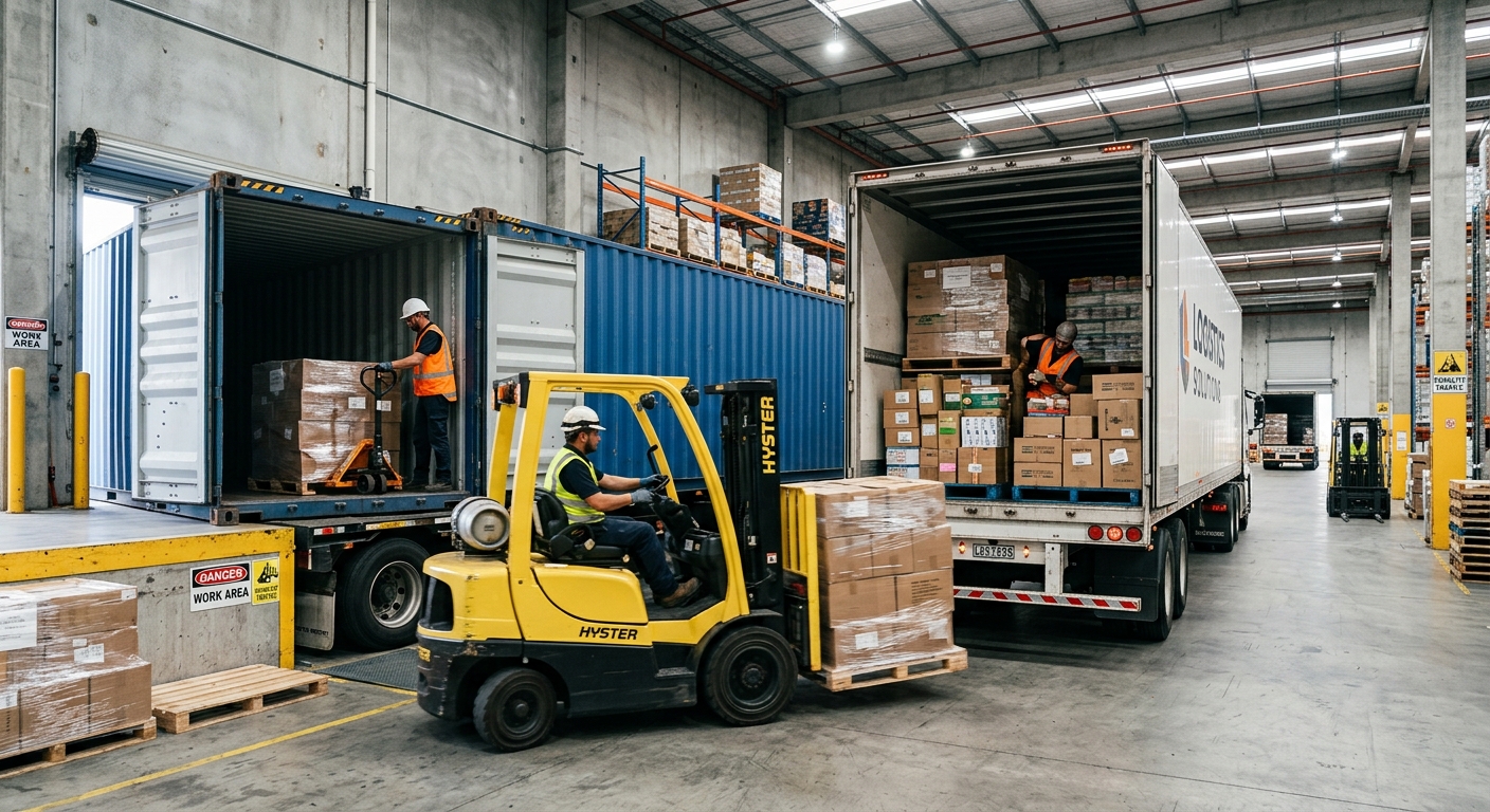 Transloading cargo from shipping container to truck in warehouse