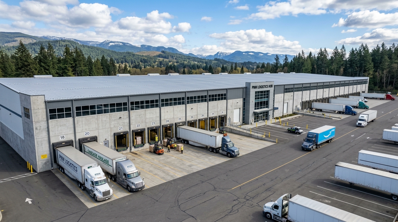 Modern logistics warehouse exterior with trucks at dock doors